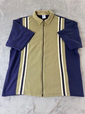 Vintage Utility Full Zip Knit Polo Shirt Mens Large Blue Tan Green Striped Y2K